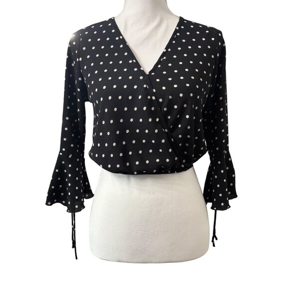 Clé Luv Tops - Modern Romantic Black Polka Dot Coquette Chic Crop Top W/ Bell Sleeves Clé Luv S